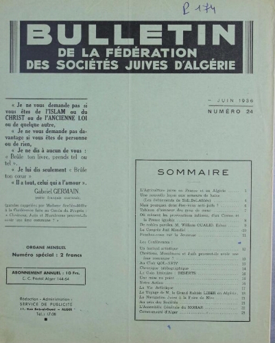 Bulletin de la Fédération des sociétés juives d’Algérie  V°03 N°24 (01/06/1936)